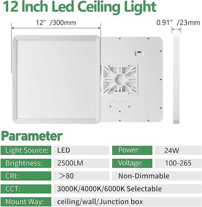 12 Inch 6PK Square LED Flush Mount Ceiling Light, 24W, 2500LM, 3000K/4000K/6000K CCT Selectable, LED Flat Panel Low Profile Ceiling Light Fitures for Hallway, Kitchen, Bedroom, Laundry Room