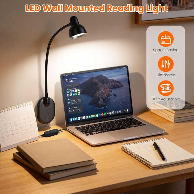 Wall Mounted Reading Light, LED Wall Bedside Lamp with Adapter Black | 5 Color 10 Brightness,Plug-in Adhesive Wall Reading Lights for Books in Bed, Auto-Off Timer Wall Lights for Bedroom Headboard