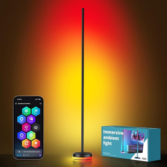 AOC Corner Floor Lamp, RGBICWW LED Floor Lamp with Glowing Base, Music Sync | App & Remote Control, 160 Million Colors, 68+ Scenes Color Changing, Ambient Lighting for Bedroom Living Room Home Office