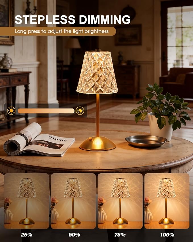 Nusogon 2 Pack Rechargeable Cordless Table Lamp, Touch Control Desk Lamp | 3 Color Dimmable Gold LED Small Lamp for Bedroom Bedside Restaurant Kitchen Home Decor