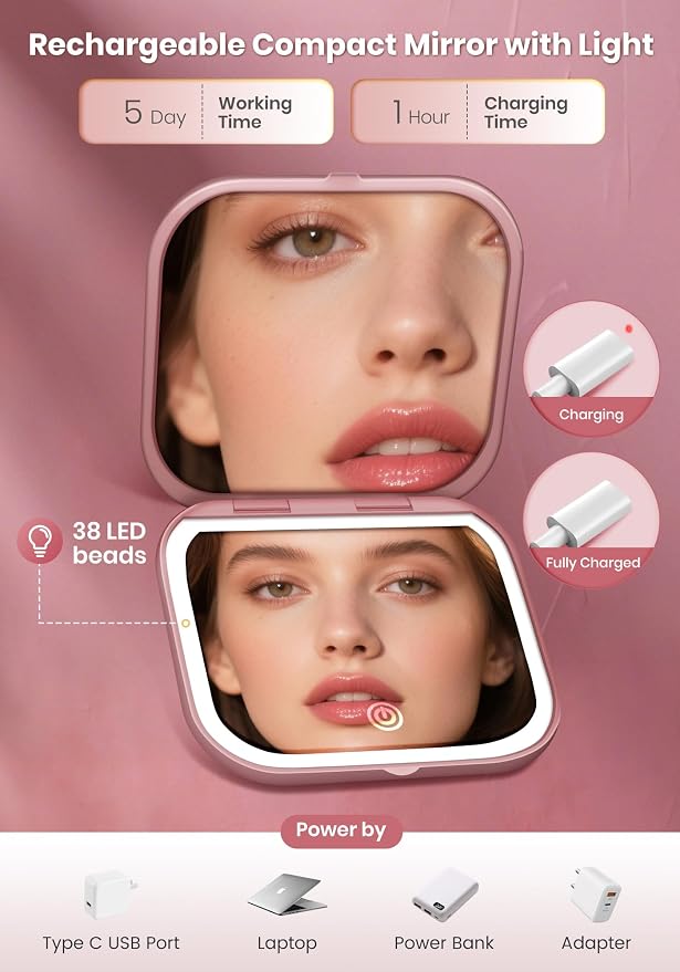 Magnifying Mirror with Light, Rechargeable 40X Compact Mirror with 3 Lighting Modes & Dimmable Brightness, Portable Travel Makeup Mirror with Light, Essentials for Travel, Pocket Purse Rose