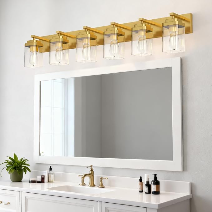Brushed Gold Bathroom Light Fixtures, 6 Lights Bathroom Lighting Fixtures Over Mirror, Square Design & Rectangle Large Backplate, Modern Vanity Lighting Fixtures, for Living Room/Bedroom