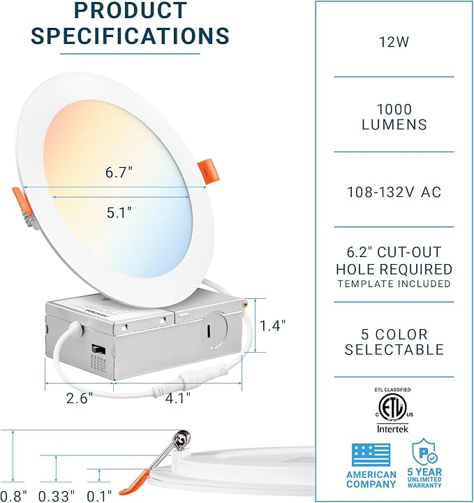 PARMIDA (24 Pack) 6 Inch 5CCT Ultra-Thin LED Recessed Ceiling Light with Junction Box, 5 Color Selectable 2700K/3000K/3500K/4000K/5000K, 12W, Dimmable Canless Wafer Slim Panel Downlight, IC Rated, ETL