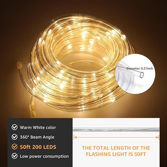 50ft LED Rope Light with Remote 8 Modes Strip Lights with Timer & Memory 5.5mm Large Diameter Twinkle Lights for Wedding Garden Christmas Halloween Bedroom Patio Decorations(15M, Warm White)