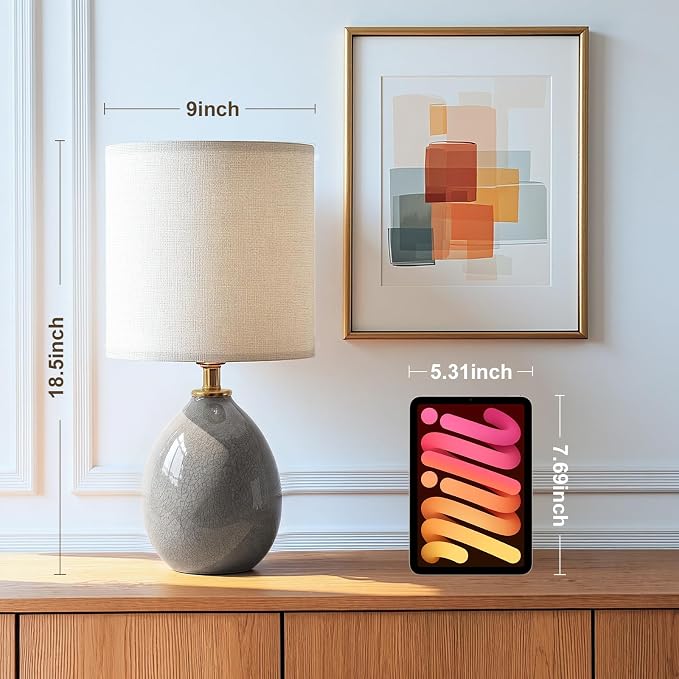 18.5" Table Lamp Set of 2 for Living Room Bedroom, Bedside Lamps for Night Stands, Desk Nightstand Lamp Dimmable, Modern Linen Cream Ceramic Lamps (Grey)