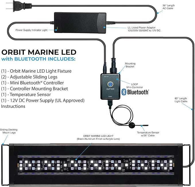 CURRENT USA 36"-48" Inch Orbit Marine LED Saltwater Reef Marine Aquarium Light with Bluetooth App Control | Wireless Lighting & eFlux Wave Pump Control for Fish Tank (4202)