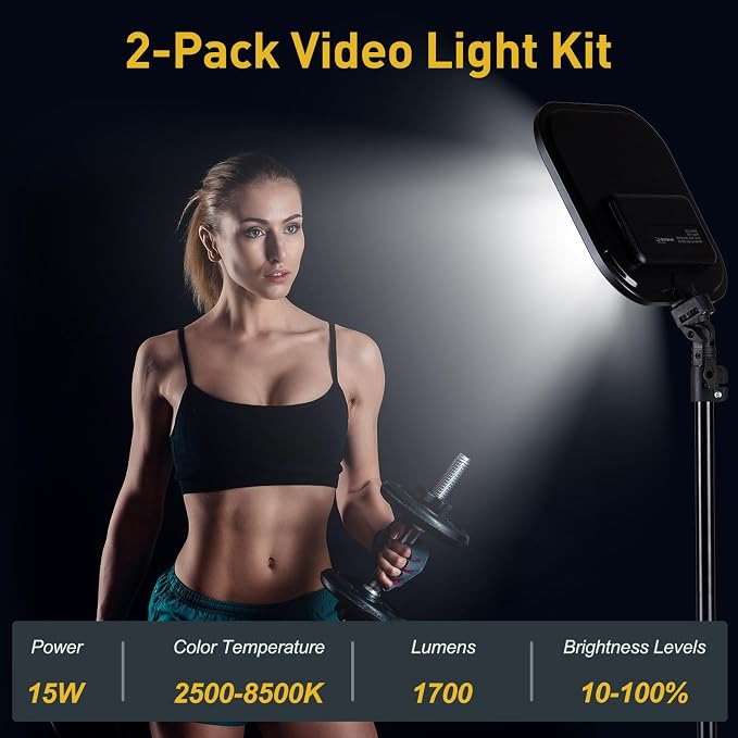 2-Pack LED Video Light Kit, 15W Studio Light,2500-8500K Color temperatue with Tripod Stand&Phone Holder,78" Dimmable Stream for Video Recording, Game Streaming, Photography, YouTube