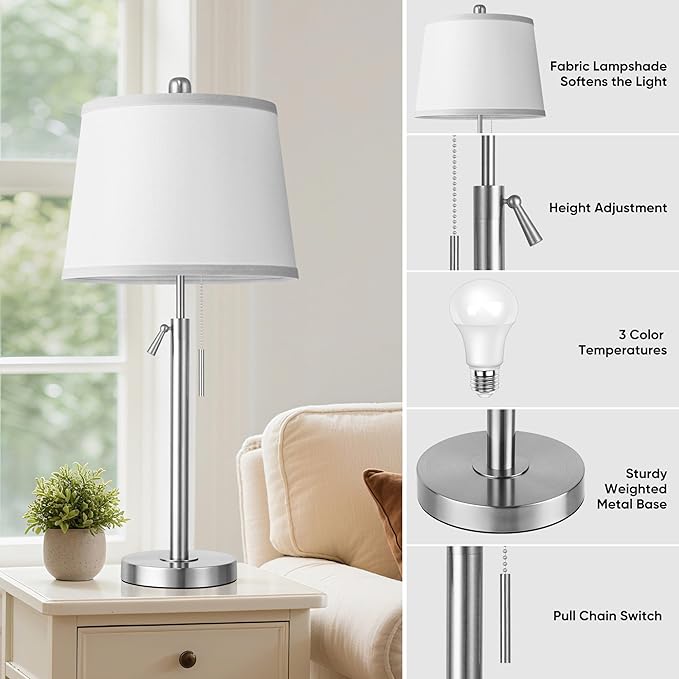 Bedside Table Lamps Set of 2, Tall Silver Table Lamps for Living Room, Height Adjustable Nightstand Lamps for Bedroom, Modern Lamps with Pull Chain for End Table Office(Bulbs Included), Sand Nickel