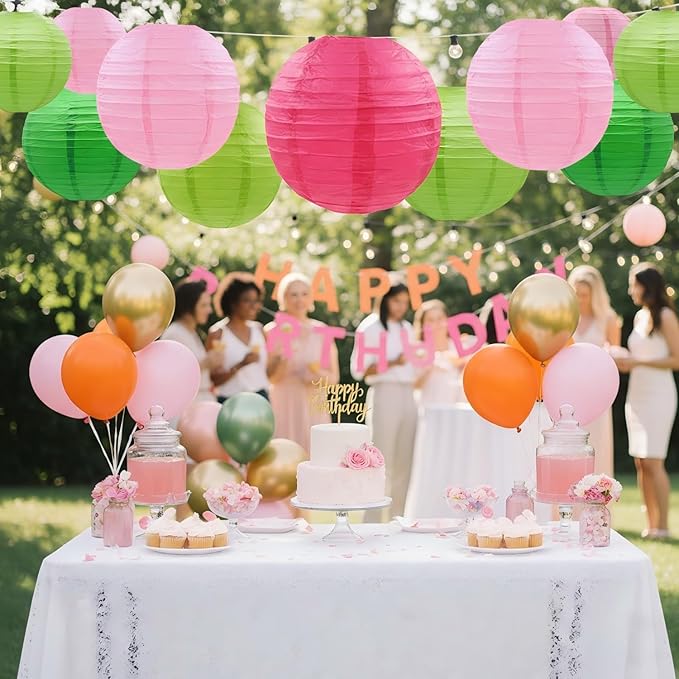 CC wonderland zone 12pcs Hot Pink and Green Paper Lanterns,Hanging Paper Lanterns for Bridal Shower Rustic Boho Birthday Wedding Home Decor Party Decoration