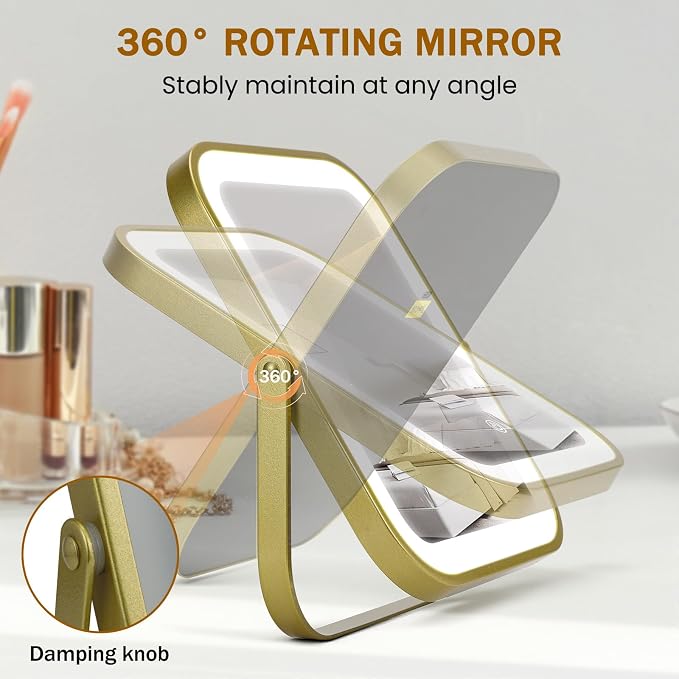 Rechargeable Vanity Mirror with Lights, 10"×8" Makeup Mirror with Lights, 1500mAH Battery, Smart Touch with 3-Color Lighting, Dimmable, HD Desk Mirror, Travel Essentials, Women Gift (Gold)