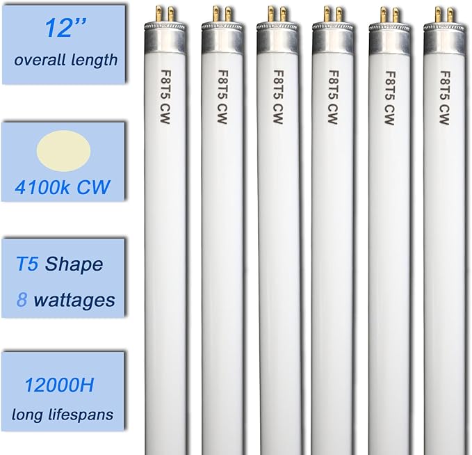 (6 Pack) F8T5/CW 4100K 12’’ Linear Fluorescent Light Bulb, 8W Cool White T5 Tube, G5 Mini Bi Pins Base Replacement for Under Cabinet Light, RV, Closet