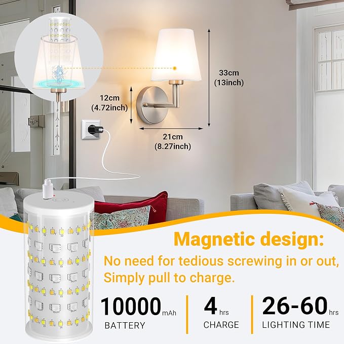 Vimhou Peel and Stick Wall Sconces, Stick On Wall Sconce Set of 2, Battery Operated Wireless Wall Light, No Drill Adhesive Wall Lamp, Corn Bulb with 10000mAh Rechargeable Battery, Bedroom Wall Decor