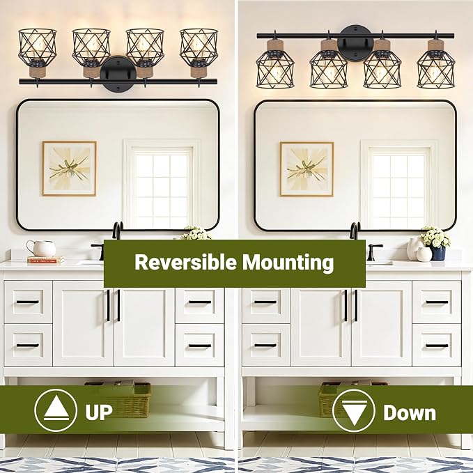 4-Light Farmhouse Vanity Light Fixtures, Bathroom Lighting Fixtures Over Mirror, Rustic Vintage Black Wall Sconces Lights with Elegant Metal Lampshade for Mirror, Bedroom, Living Room, Hallway