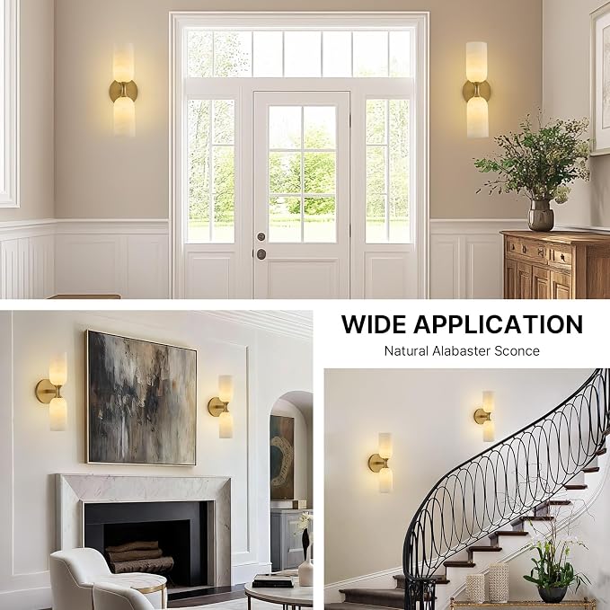 14" Alabaster Wall Sconces Set of 2, Vintage Brass Marble Wall Lamp | Natural Spanish Alabaster, Modern Vintage Style, Unique Marble Veining, Solid Brass Construction, Dual Installation Options