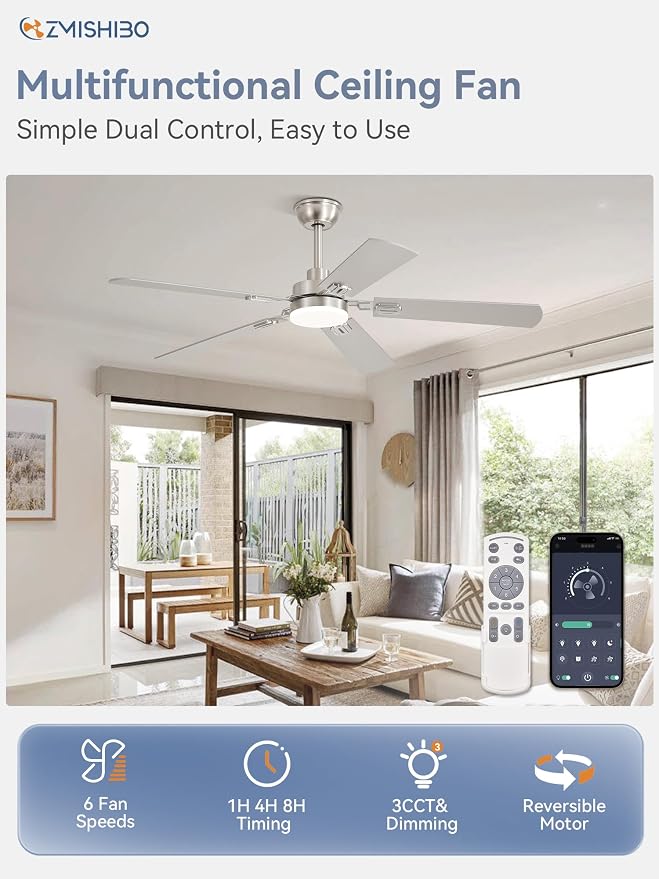 ZMISHIBO 52" Ceiling Fans with Lights and Remote, Nickel Modern for Indoor | 24W 2400LM Bright LED, 3CCT, Dimmable, App Control, Farmhouse Dual Finish Blades, Quiet&Strong Motor for Bedroom, Living Room
