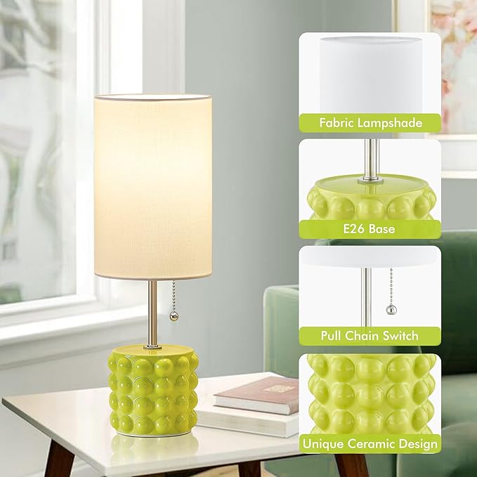 GyroVu Ceramic Small Table Lamp Set of 2, Adjustable Color Temperature Bedside Nightstand Lamps with Pull Chain for Bedroom Living Room Reading, Green, 2 Bulbs