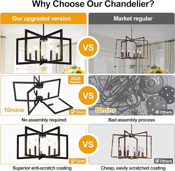 25"-61" Height Adjustable Modern Matte Black Chandelier for Dining Room, No Assembly Required Black Dining Room Light Fixture Over Table, Industrial Metal Pendant Lights Fixture for Kitchen Island