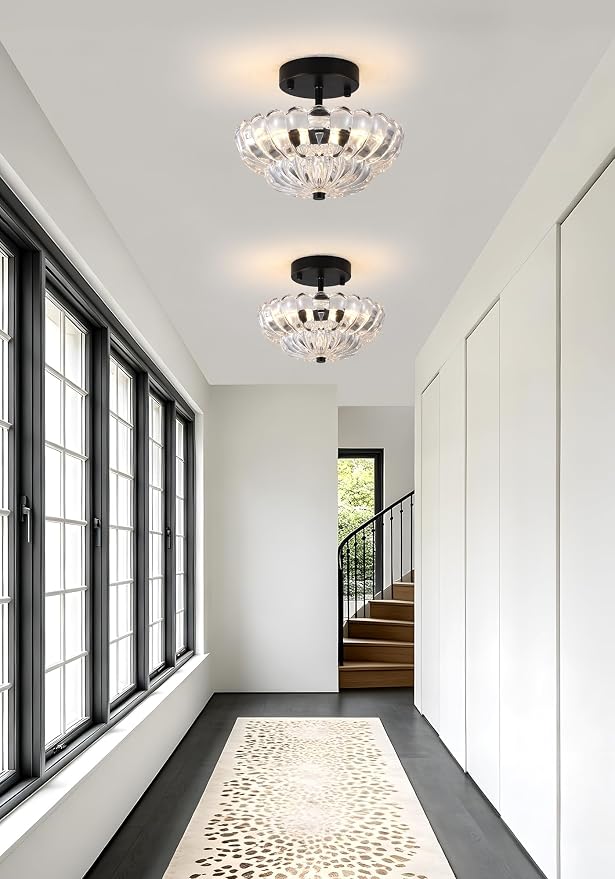 Semi Flush Mount Ceiling Light, Mini Vintage Black Close to Ceiling Light Fixture with Glass Shade, Modern Lighting for Bedroom Hallway Kitchen Laundry-Clear