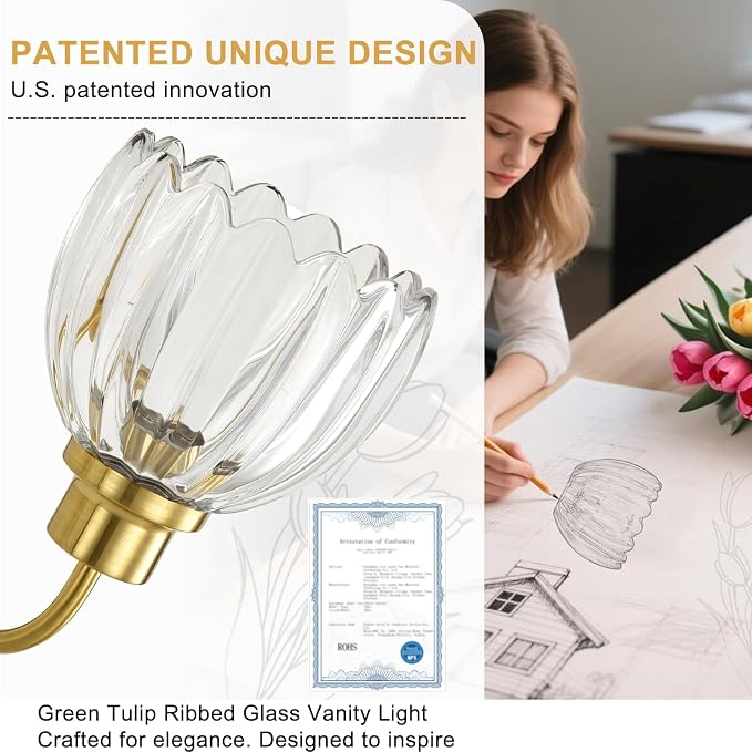 Bathroom Light Fixtures (3-Light, 20 Inch), Brushed Gold Vanity Lights for Bathroom with Ribbed Clear Tulip Glass Shade, Vintage Vanity Wall Lights for Mirror Bedroom Living Room Hallway