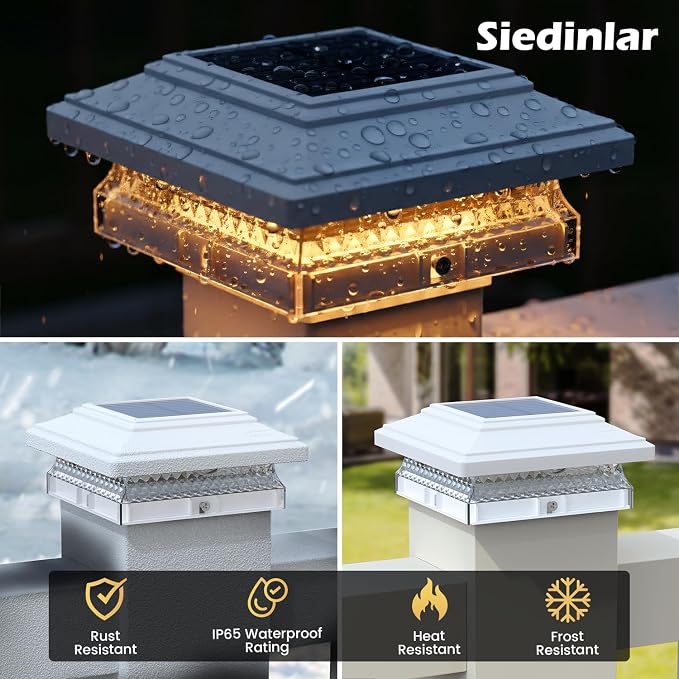 SIEDiNLAR Solar Post Cap Lights, 12 Pack 2 Modes 50 Lumens, 4x4 5x5 Vinyl/Wooden Posts Waterproof Outdoor Lighting for Deck Fence Patio, White/Warm (White)