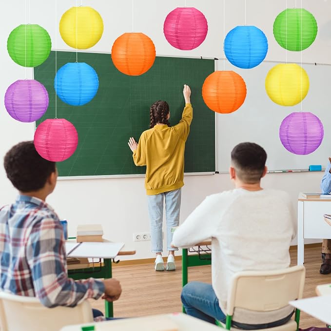 12 Pcs 10 Inch Hanging Paper Lanterns Party Decorations Modern Neon Classroom Decor for Birthday Back to School Party Decoration for Classrooms Wedding Birthday Ceilings