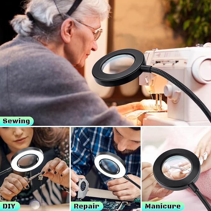 10X Magnifying Glass with Light, Clip on Mganifier with Light, 48 LED Desk Magnifying Glass wtih Clamp, 3 Modes Dimmable Magnifying LED Lamps for Bed Work Crafts DIY Repair Black
