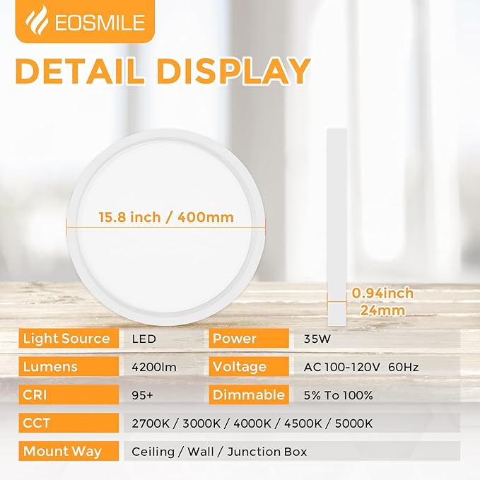 1Pack 15.8 Inch LED Flush Mount Ceiling Light, 35W, 120lm/W, 4200LM, CRI95+, 2700K-5000K 5CCT & Dimmable, White Thin Flat Surface Mount Lights for Bedroom, Living Room, Dining Room, Garage