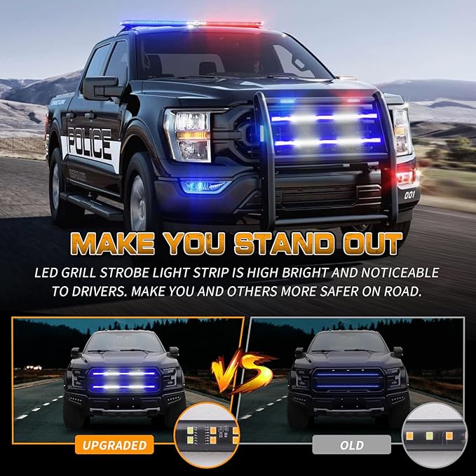 XRIDONSEN 2PCS 30 inch Blue White Grill Emergency Lights Strip 360 LED Tailgate/Rear Window/Grille Strobe Lights Flashing Warning Safety First Responder Lights for Firefighter Police Vehicles Trucks