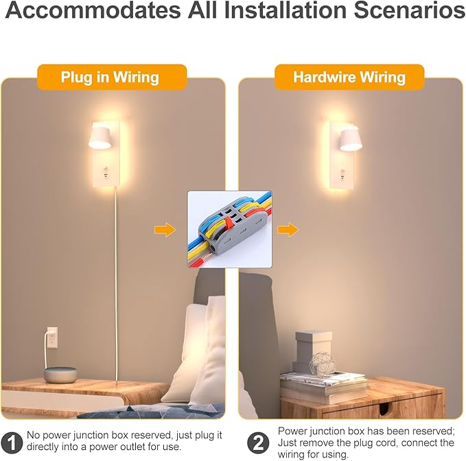 Plug in LED Wall Sconce Set of Two,Dimmable Bedside Wall Light with Dimmer and USB&C Ports,5CCT（3000K-6000K） LED Wall Mounted Lighting for Bedroom,Stairway,Basement,Cafe,Home Decor(2 Packs)