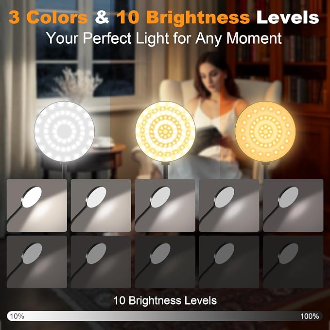 Rechargeable Clip on Light for Bed, 97 LED Cordless Reading Lamp with 3 Color Modes & 10 Brightness Levels, Portable and Flexible Book Light Clamp on Office Desk Bunk Bed Dorm Headboard (Black/4.7'')
