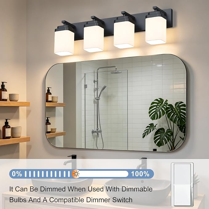 Matte Black Bathroom Light Fixtures, 4 Lights Bathroom Lighting Fixtures Over Mirror, Square Design & Rectangle Large Backplate, Modern Vanity Lighting Fixtures, for Living Room/Bedroom
