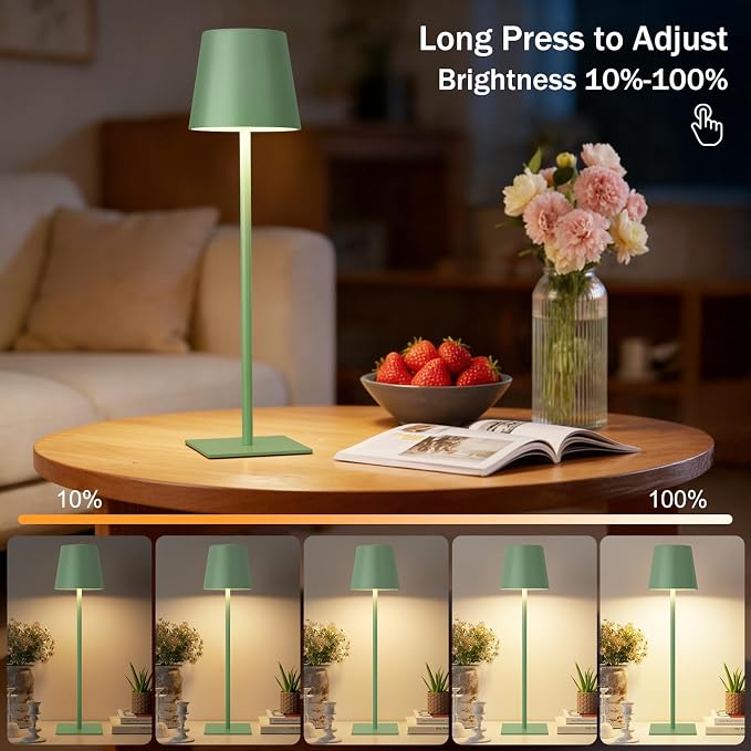 Kakanuo Green Cordless Rechargeable Table Lamp, 2 Pack Portable Desk Lamp with 5000mAh Battery, Touch Control Stepless Dimming, Wireless Night Light for Dining, Outdoor Camping