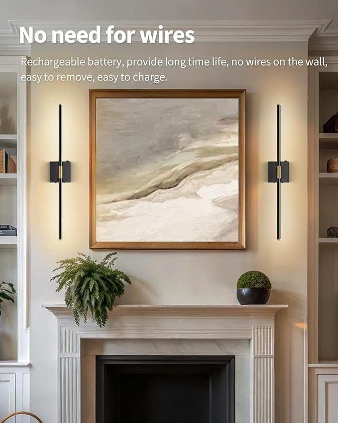 Wall Sconces Set of 2 Battery Operated, Wireless USB Rechargeable Wall Lights with Remote Control, 360° Rotation, 8000mAh LED Dimmable Picture Lamp for Living Room,Bedroom,Hallway (30in Black)