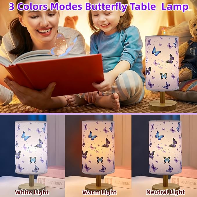 Butterfly Lamp,LED Kids Table Lamp for Bedroom Decor Girls Bedside Lamps | 3 Colors Nightstand Night Light with Cartoon Lampshade Desk Lamp for Boys Girls Room Nursery Decor,Butterfly Gifts for Girls