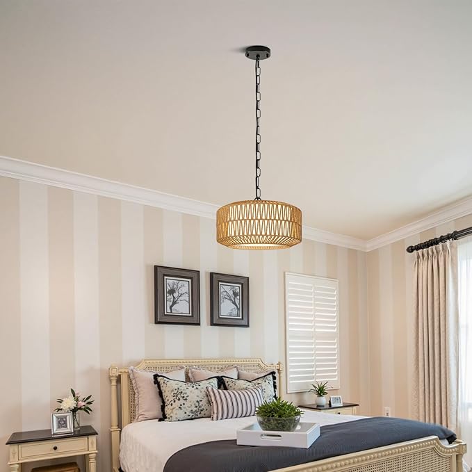 9"-52" Height Adjustable Farmhouse Chandelier Light Fixture, 1-Light Rattan Boho Chandeliers for Dining Room, Hand Woven Pendant Light with Linen Shade, Rustic Hanging Lighting for Kitchen Island