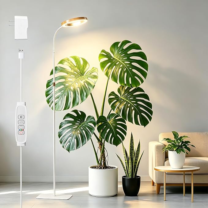 SDOVUERC Full Spectrum Grow Light with Stand for Indoor Plants, Floor Plant Light, 6/12/18H Timer, 3 Color Modes, Adjustable Height 16.5–68in, for Large Plants & Home Décor(1 Head,Faux Wood Grain)