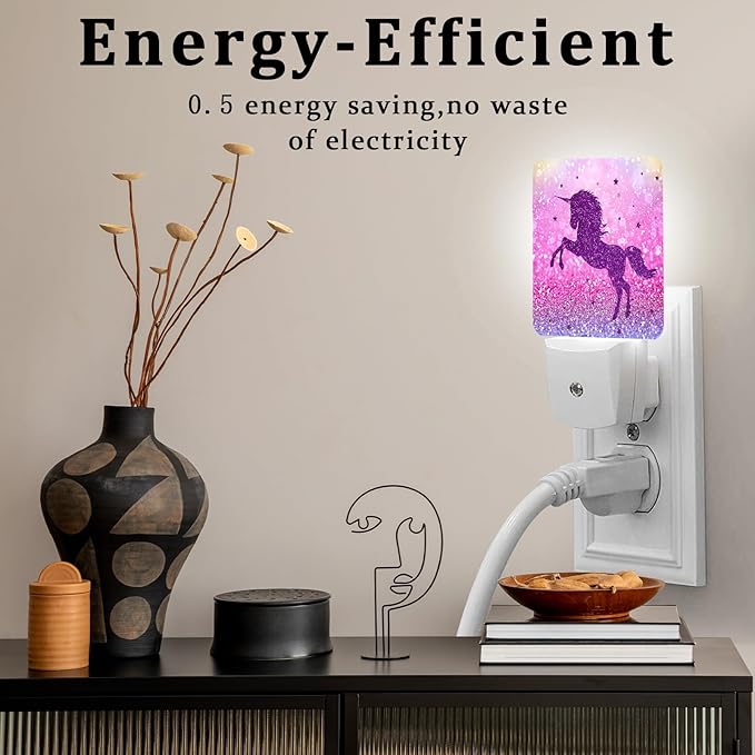 Cartoon Horse Silhouette Night Light, Plug-into Wall Pink Purple Glitter Nightlight Lamp with Dusk to Dawn Sensor, Led Lamp 0.5W Energy Efficient for Boys Girls Adults Home Decor