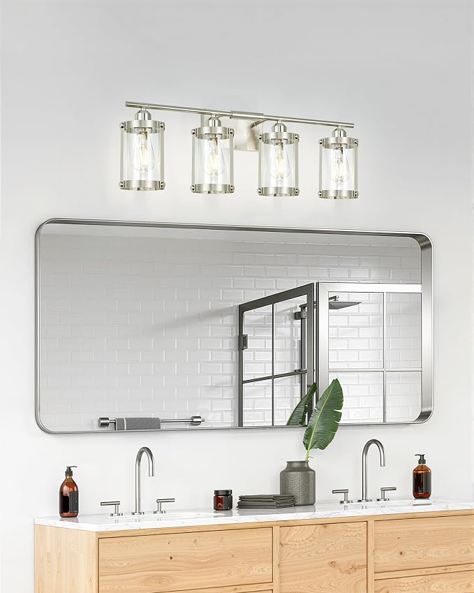 4-Light Brushed Nickel Bathroom Light Fixtures, 29 Inch Modern Bathroom Vanity Lighting Fixtures Over Mirror with Clear Glass and Metal Cage Wall Sconce Lights for Bath, E26, OS-3014BN-4W