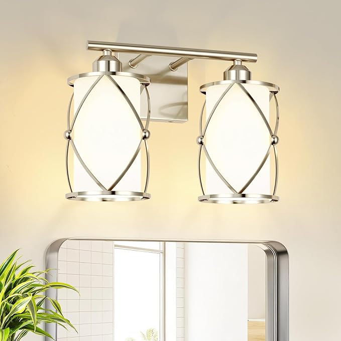 2-Light Brushed Nickel Bathroom Light Fixtures with Milk Frosted Glass, 13" Modern Bathroom Vanity Lighting Fixtures Over Mirror with Metal Cage, Wall Sconce Light for Bath, E26, CH9176BNW-2W