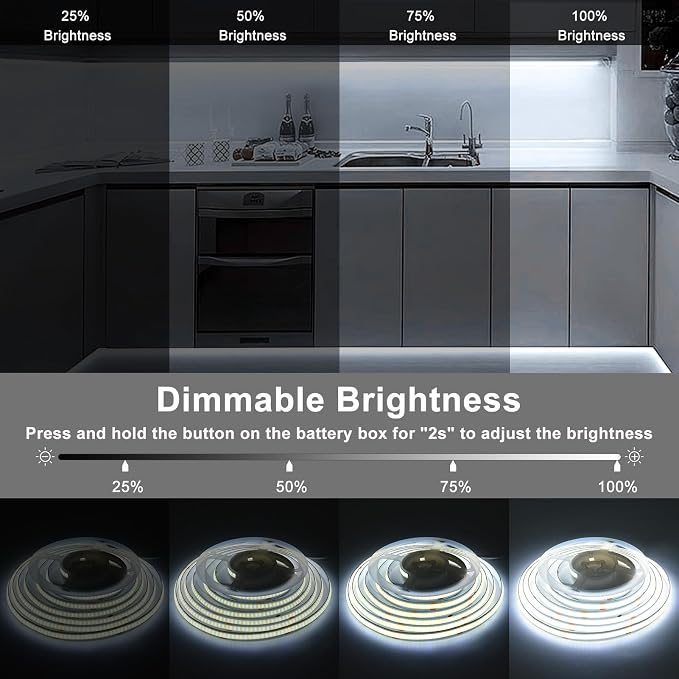Battery Operated COB LED Strip Lights 6.6Ft 640 LED Dimmable Light Strip | Cuttable Flexible LED Tape Light for TV Cabinet Bedroom Kitchen Home Decoration DIY Lighting (Cool White 6000k)