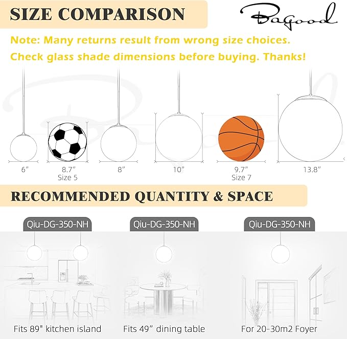 14" Globe Pendant Light 3-Light Black Mid Century Pendant Light Clear Glass Lights Kitchen Island Mid Century Adjustable Hanging Farmhouse Globe Fixtures for Living Room Lobby