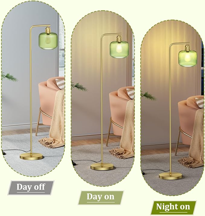 66" Gold Floor Lamp,Standing Lamp with Green Ribbed Glass for Living Room | Vintage Floor Lamp with Brushed Gold Finish,Pedal Switch and 3000K LED Bulb, Arc Floor Lamps for Bedroom & Study Room