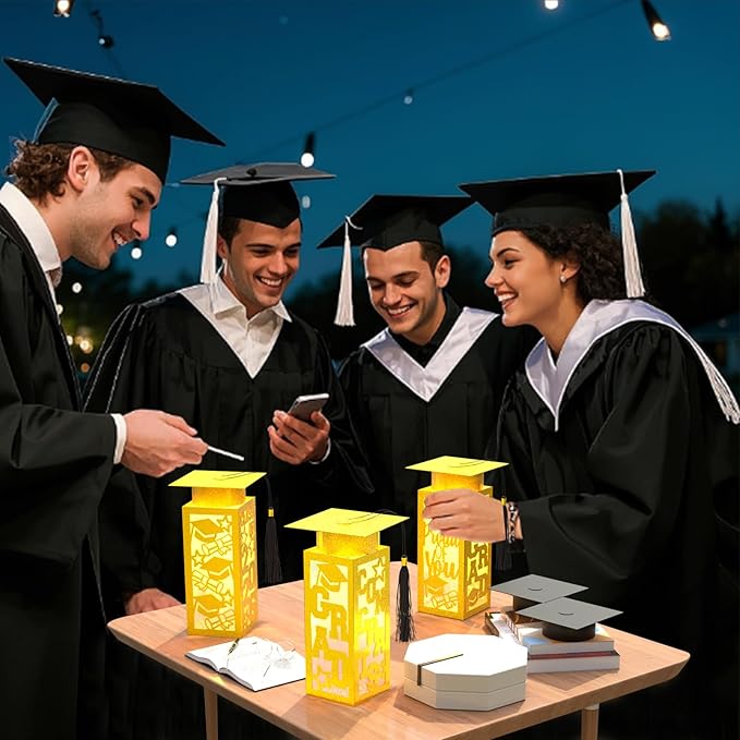 12 Pcs Graduation Table Centerpieces Boxes Class of 2026, Golden Graduation Paper Lanterns Boxes with String Lights Hollow Out for Congrats Grad School College Table Decorations Grad Party Photo Props