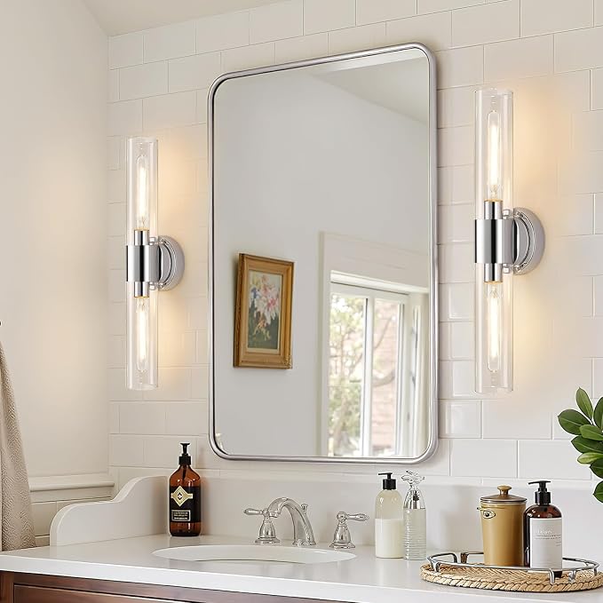 Wall Sconces Set of Two, Modern Bathroom Sconces Wall Lighting with & Clear Glass Glass, Chrome Sconces Wall Decor Set of 2 for Bathroom Mirror Bedroom Living Room Hallway