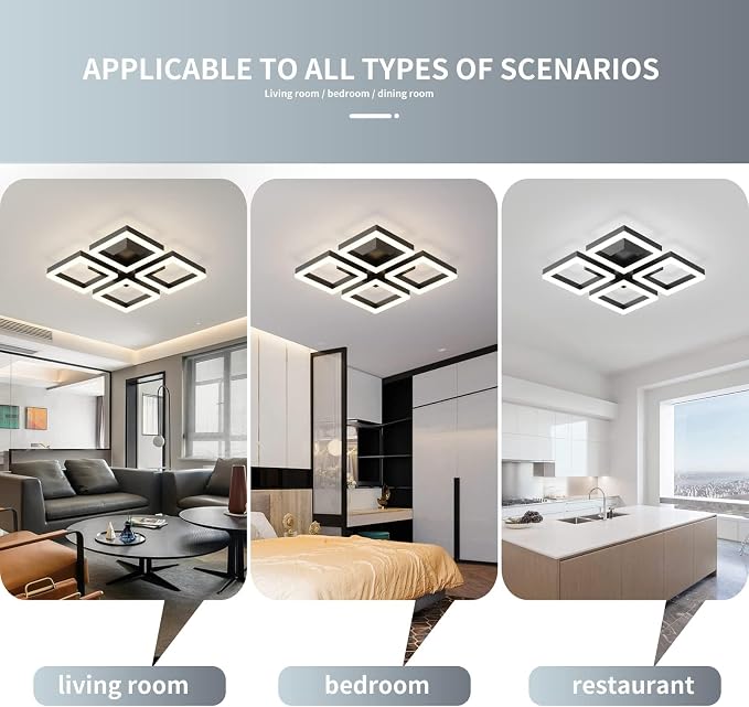 GEADI Modern Black LED Ceiling Light, 17.7" Dimmable Flush Mount Fixture | 52W 4-Square Geometric Ceiling Lamp with Remote, 3000K-6500K Dimming, Low Profile for Bedroom, Kitchen, Living Room