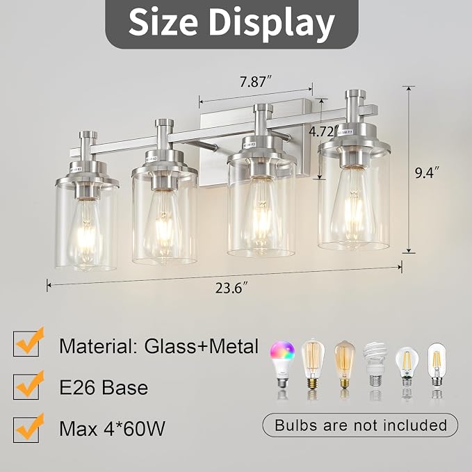 Brushed Nickel 4-Light Bathroom Vanity Light Fixtures Over Mirror, Modern Wall Sconce with Clear Glass Shade for Hallway