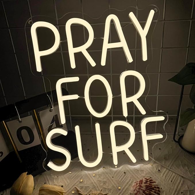 Pray for Surf Neon Signs for Wall Decor,Dimmable Beach Ocean Lovers Surf Sign,USB Powered Neon Light Signs for Surfer Man Cave Bedroom Teens Boys Girls Gifts (White)