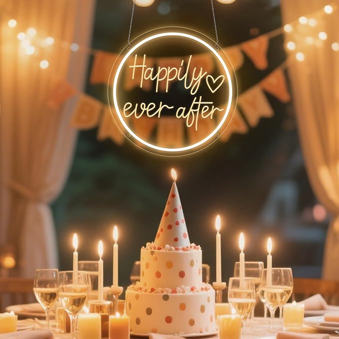 Happily Ever After Neon Sign Dimmable LED Neon Lights Sign for Wall Decor USB Powered LED Sign for Wedding Anniversary Valentine's Celebrations Bedroom Art Sign Decorations 30CM*30CM