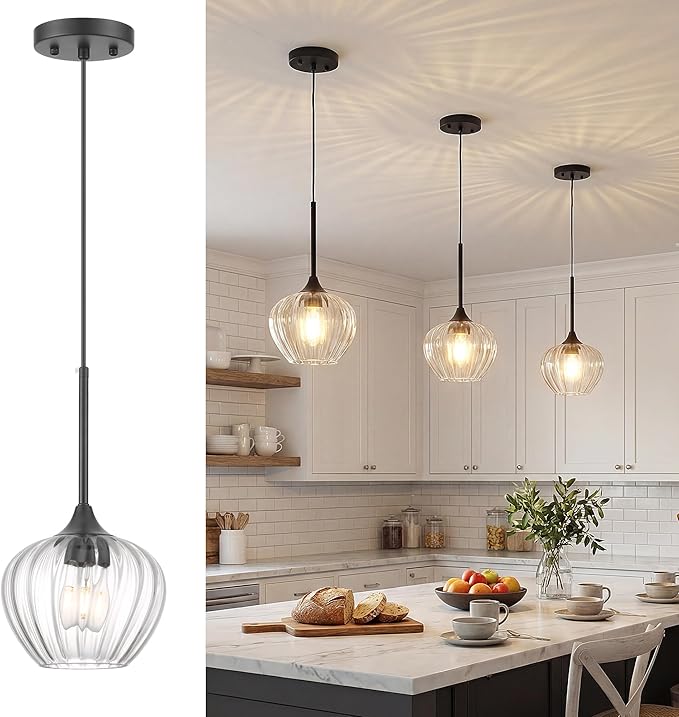 Glass Pendant Lights for Kitchen Island, 7.7" Modern Matte Black Pendant Light Fixtures Small Farmhouse Hanging Light for Kitchen, Dining Room, Sink, Bathroom