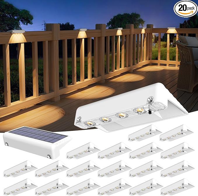 VOLISUN Solar Deck Lights 20 Pack, Warm White Glow LED Large Size Lamp, IP65 Waterproof Step Lights Outdoor for Deck, Step, Fence, Railing, Wall and Stairs(White)